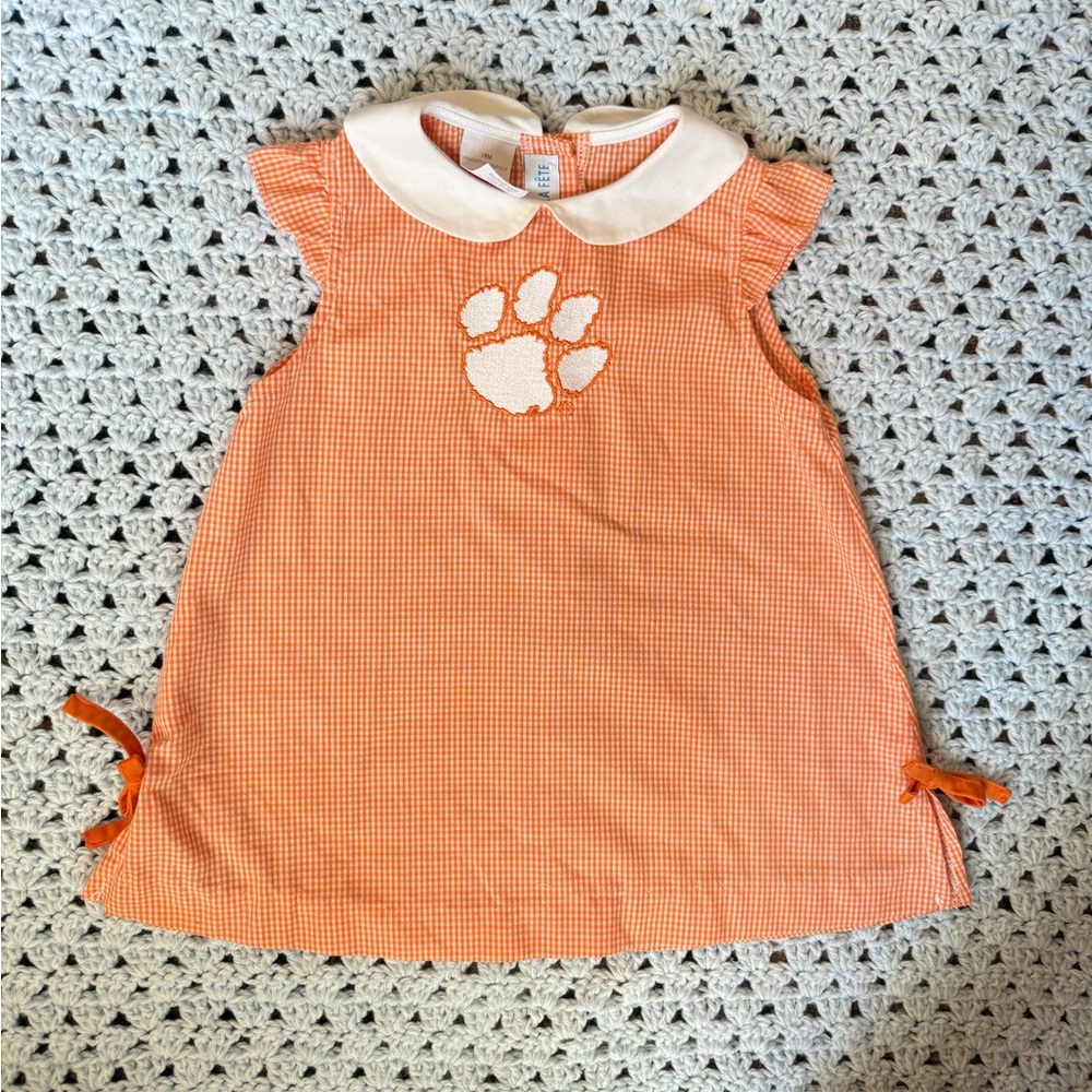 VIVE LA FÊTE Clemson Tigers Embroidered Orange Gingham Dress- Size 18 Months